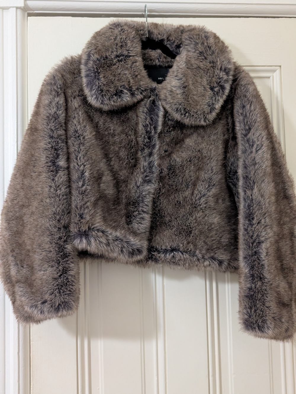 Mango Faux Fur Cropped Jacket in Taupe Gray